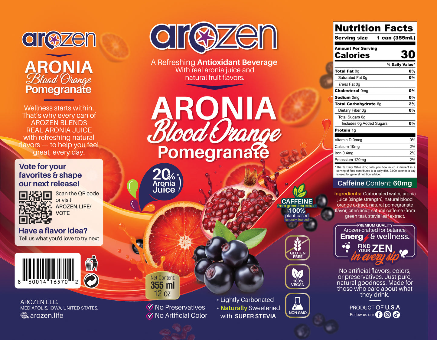 Aronia Blood Orange Pomegranate Antioxidant Beverage  (60mg Caffeine!)