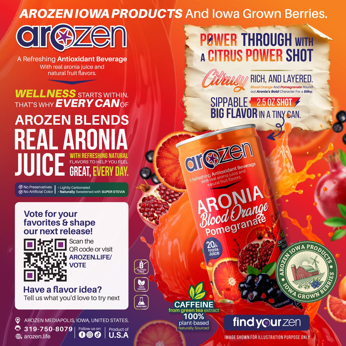 Aronia Blood Orange Pomegranate Antioxidant Beverage  (60mg Caffeine!)